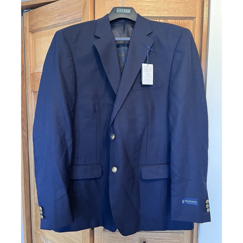 Stafford Essentials‎ Hopsack Blazer Classic Fit Wool Blend 46 Long Navy New